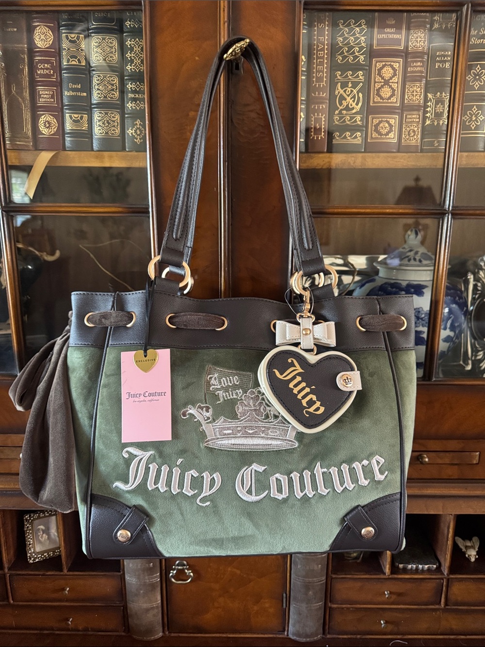 Juicy Couture Green Canvas Tote with Brown Trim and Heart Charm